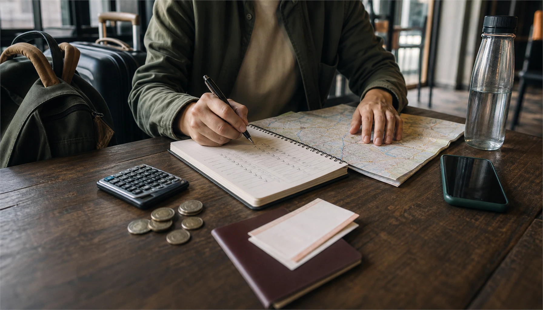 Carnet de budget voyage et affaires préparées pour partir seul