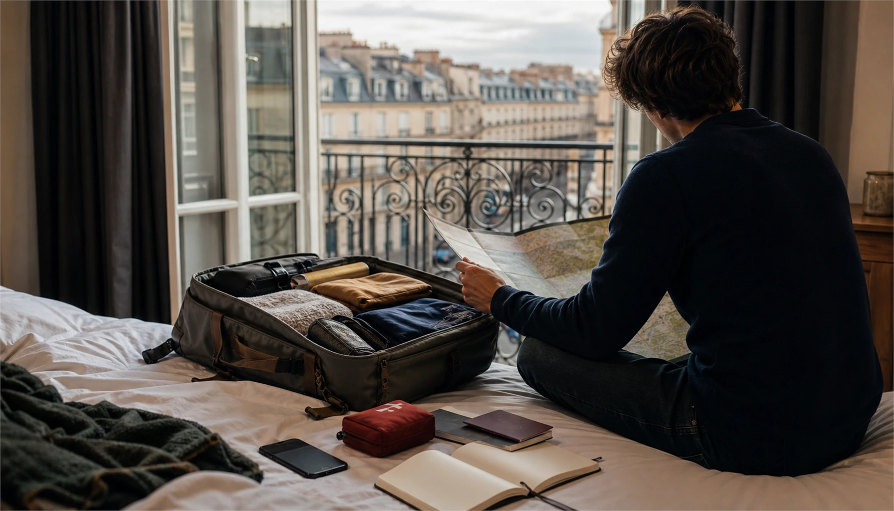 Voyageur solo préparant une destination avec une carte et une valise ouverte