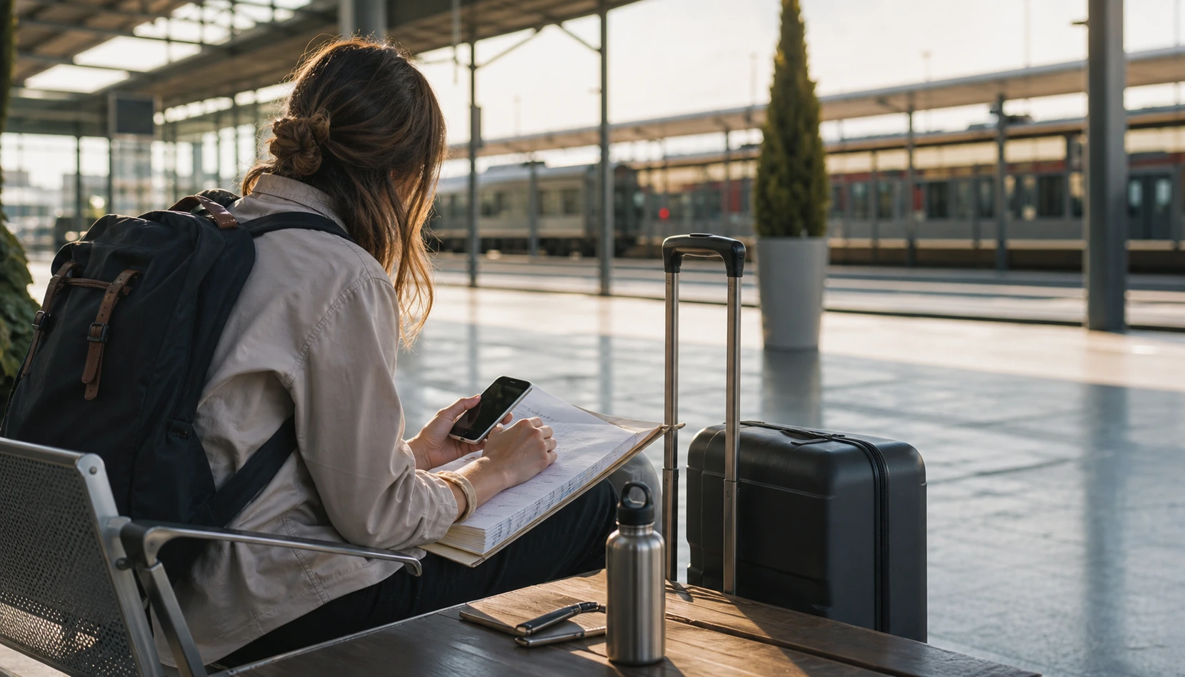Voyageuse solo assise en gare avec carnet et valise