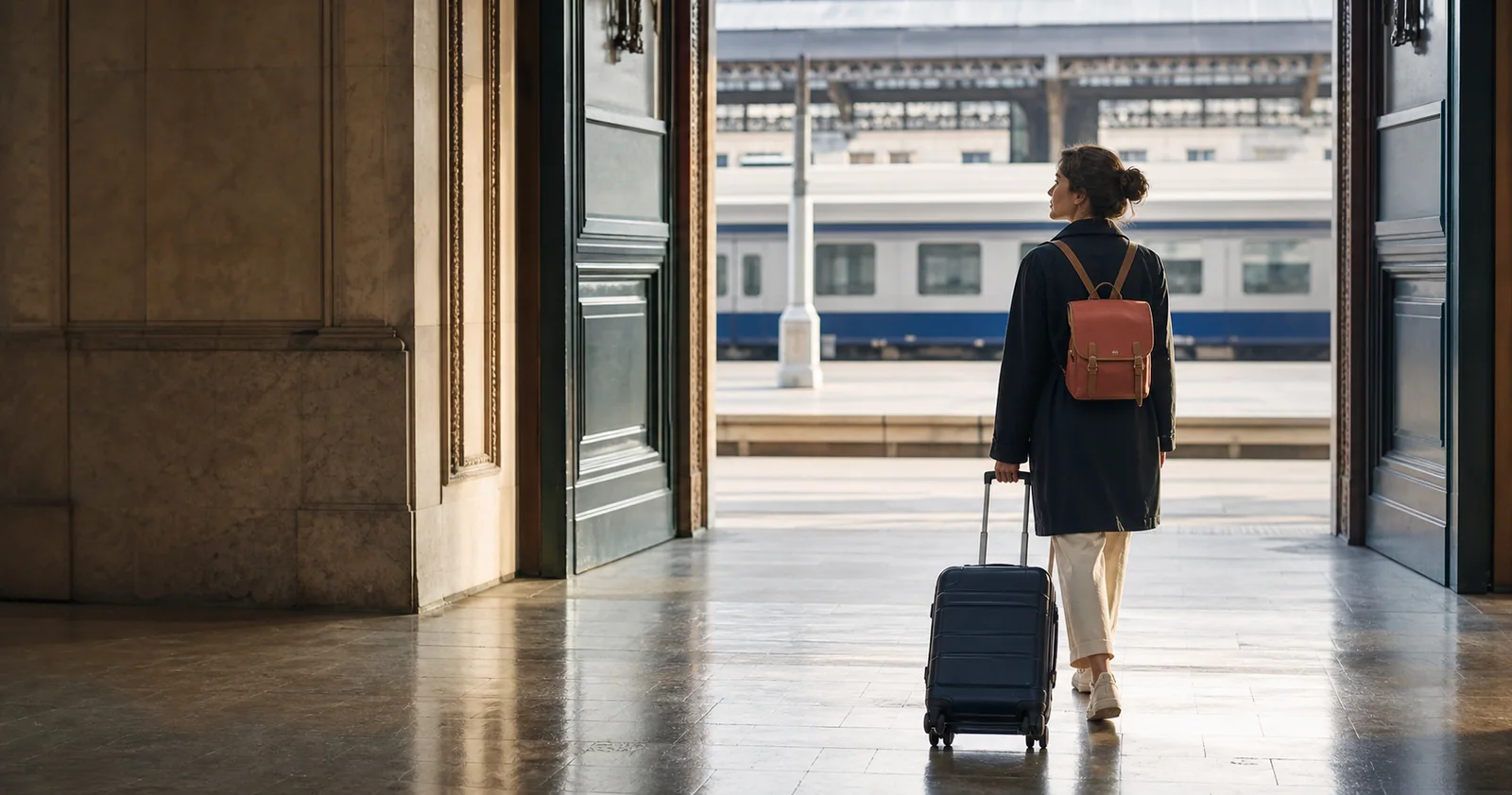 Voyageuse seule arrivant sur le quai d'une gare avec une valise